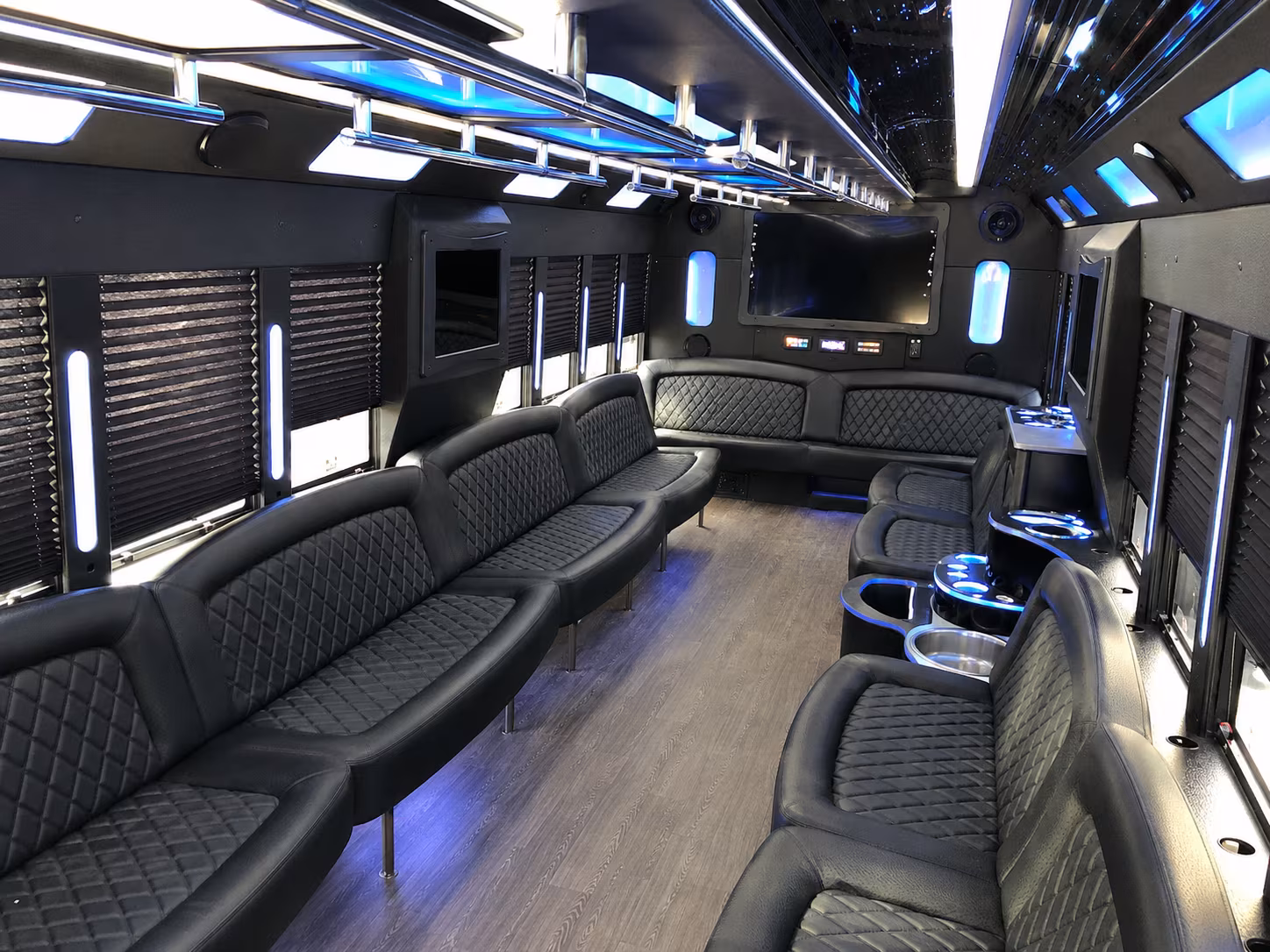 Passenger seating aboard a party bus rental serving Las Vegas