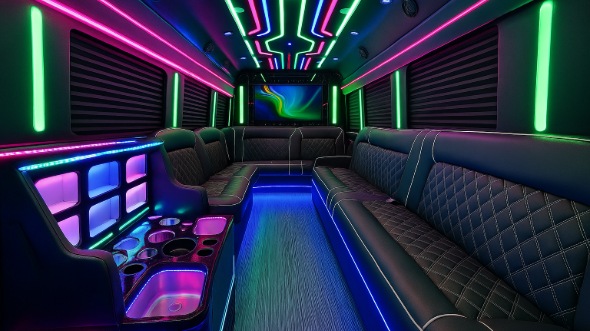 Interior of Charter Bus Company San Bernardino's 28 Passenger Party Bus in San Bernardino